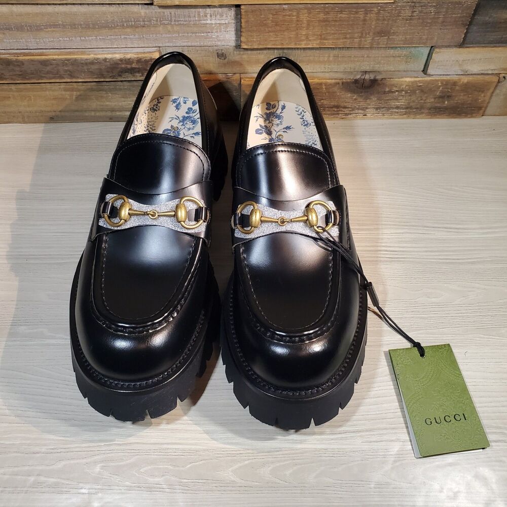 Gucci Cordovan Loafers 11.5 Lux Leather Lug Sole Horsebit Bee Logo 577236 NIB